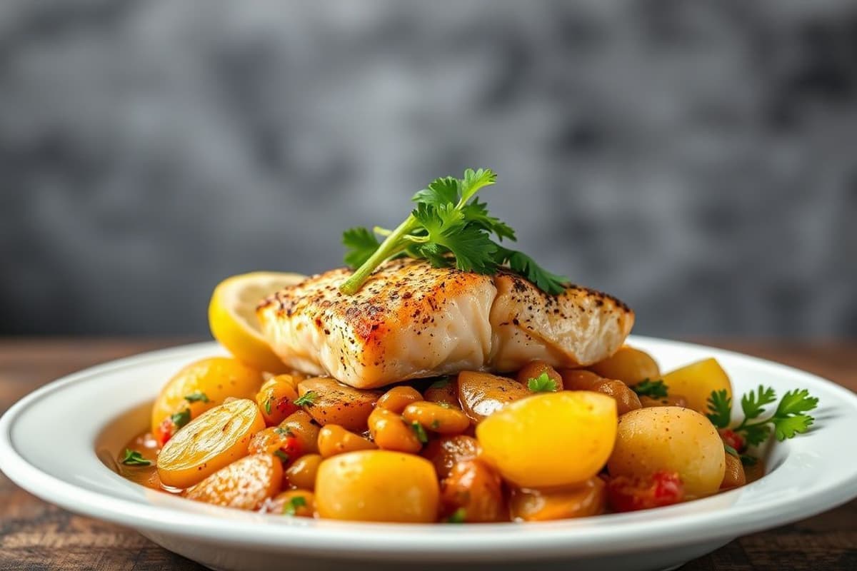 Tagine de Salmón con limón y olivas, especias marroquíes y cilantro fresco