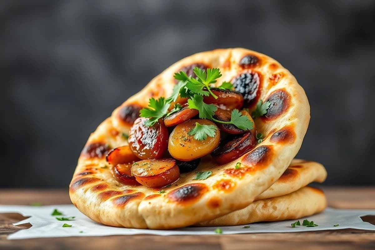 Tandoori Naan con cordero al grill, cebolla caramelizada y cilantro fresco