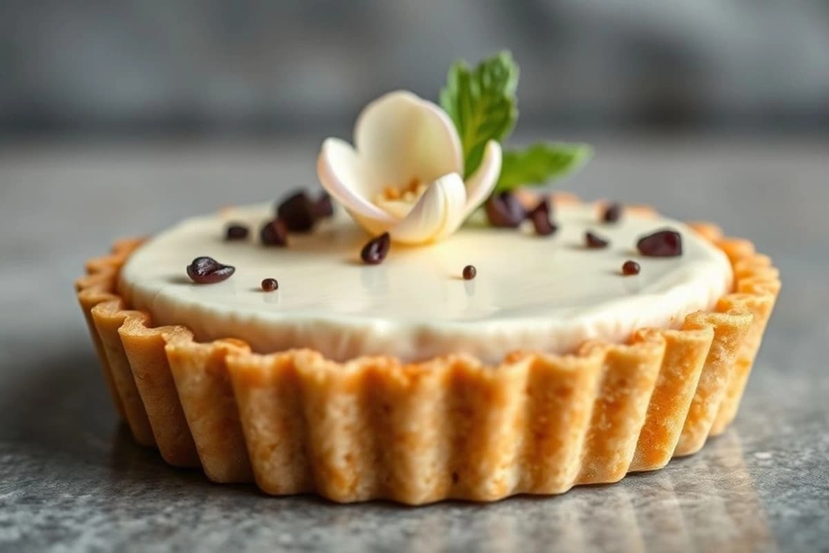 Tarta de té y tofu con flor de té, crema de soja y base de galleta digestiva crujiente