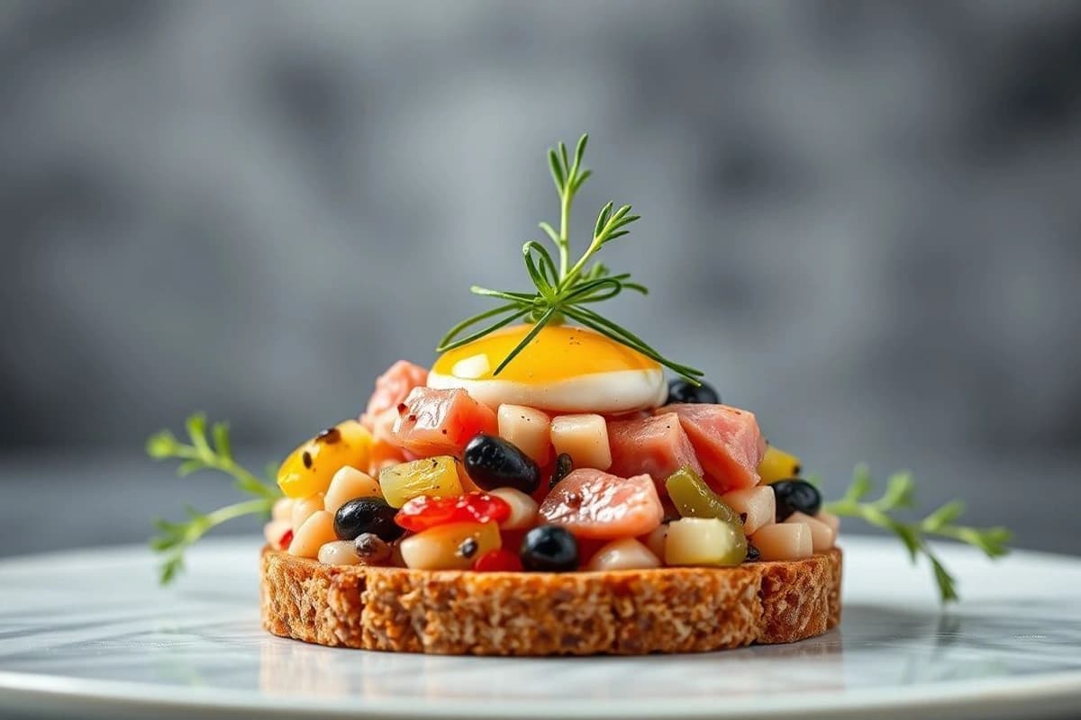 Tartar de atún fresco con aceitunas negras, cebolla crujiente y huevo poche