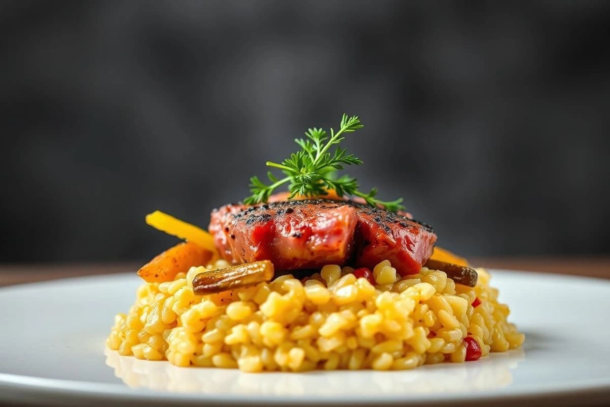 Tartare de Ternera a la Parrilla con Verduras Caramelizadas y Arroz Glutinoso