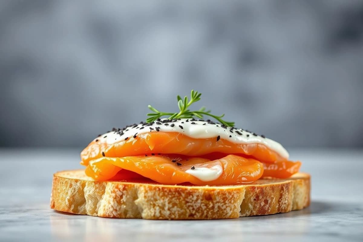 Tartines de Salmón Ahumado al Vapor con Crema de Eneldo Fresco y Tostadas de Baguette Crujiente