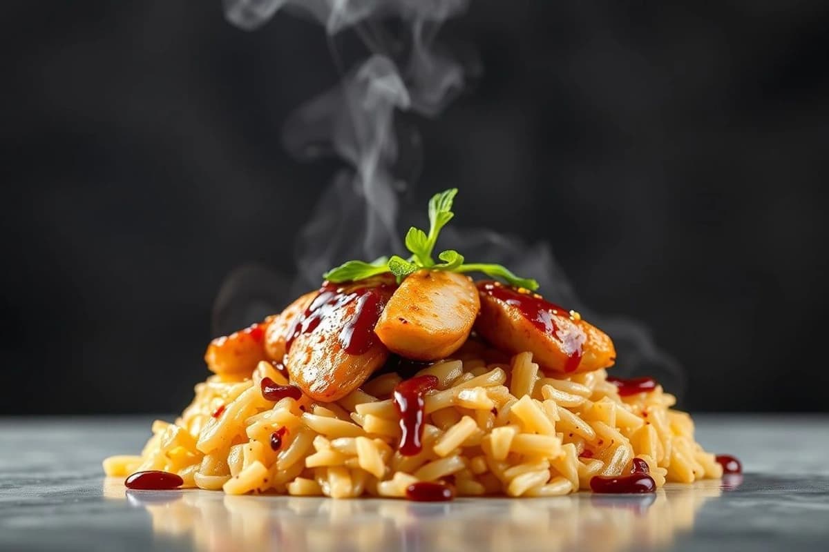 Teriyaki de Pollo Vaporizado con Brotes de Arroz y Sabor de Sake