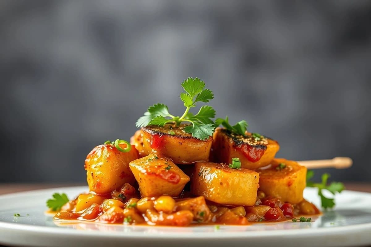 Tikka de zanahoria y calabacín con salsa de tamarindo y cilantro