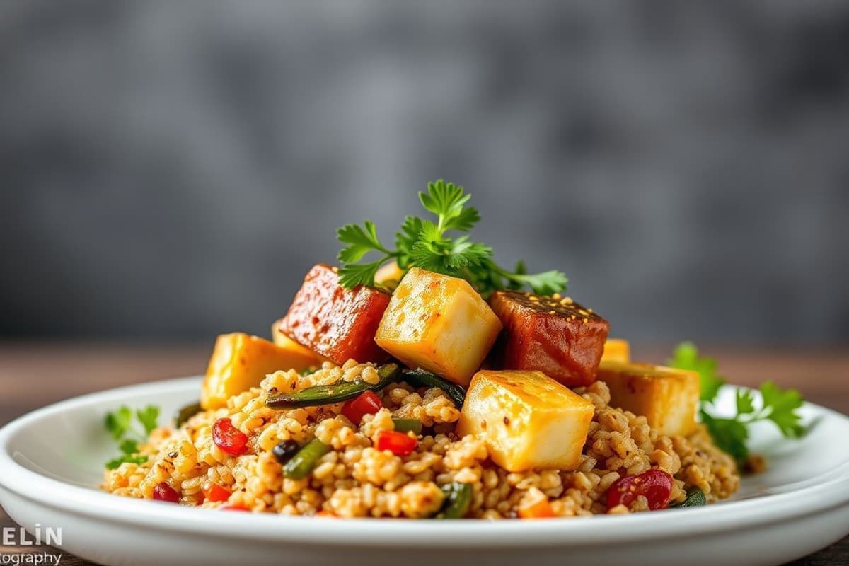 Tofu Satay con Legumbres y Guarnición de Quinoa y Verduras Asadas