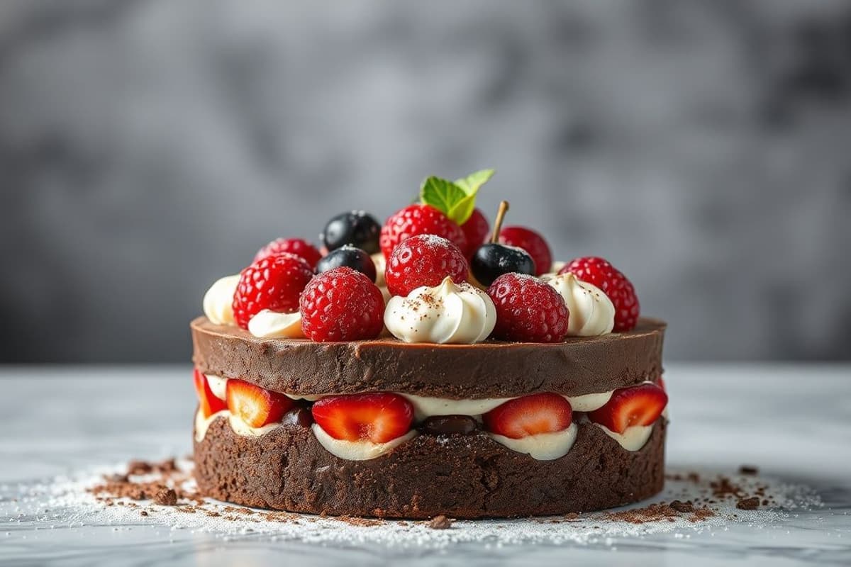 Torta de Chocolate Francés con Frutas Rojas y Crema de Vainilla