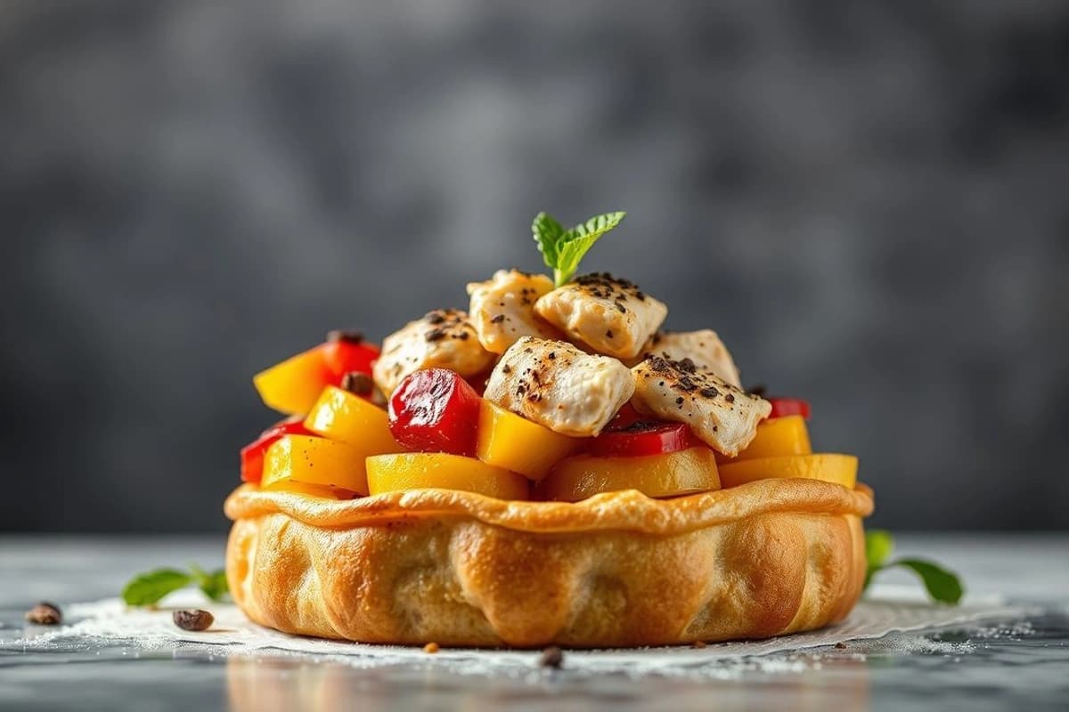 Torta de frutas con relleno de pollo al horno, al estilo peruano