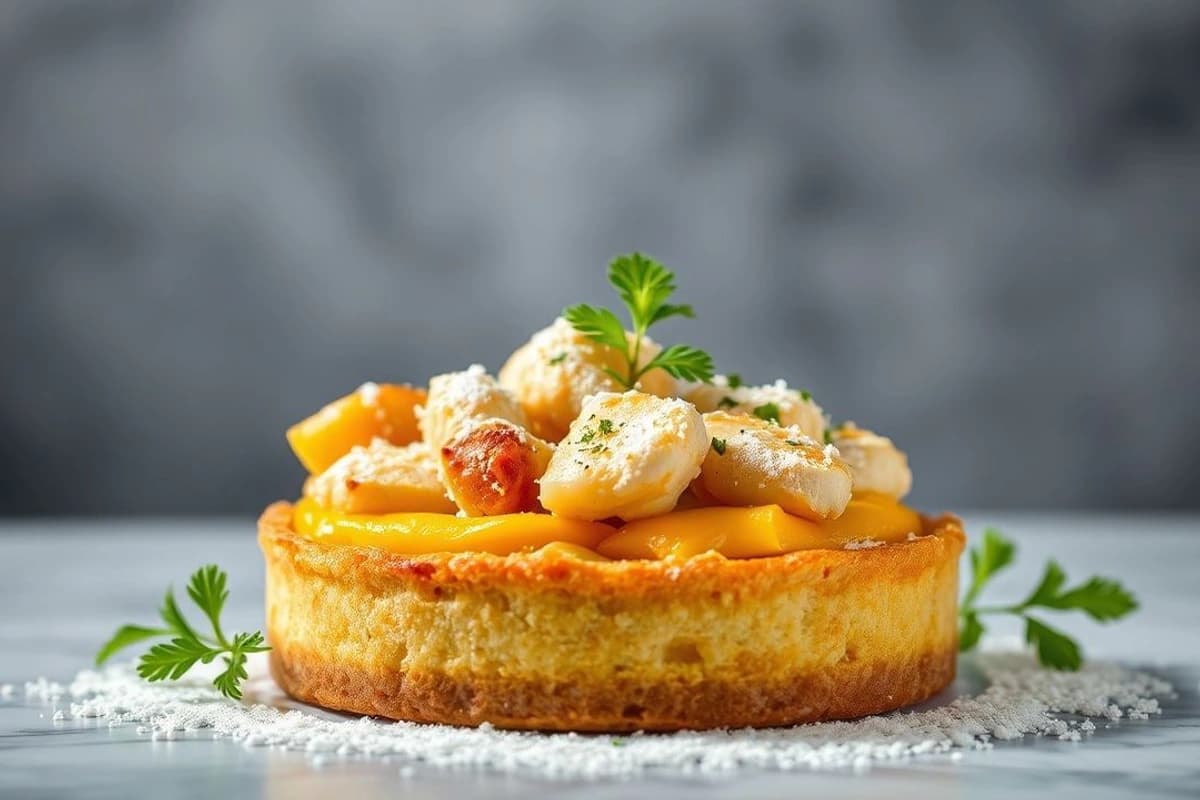 Torta de Pascua vietnamita con relleno de pollo al curry, mango fresco y coco rallado