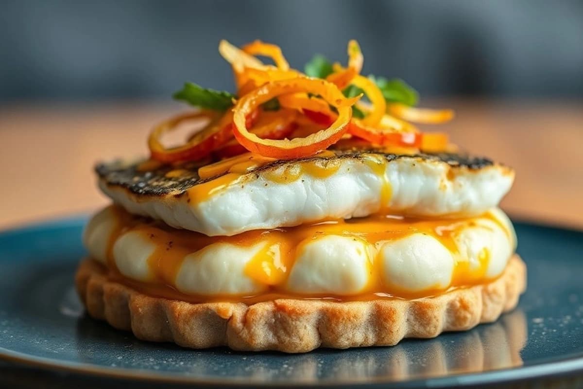 Torta de Pescado Azul con Crema de Ají Amarillo y Cebolla Caramelizada