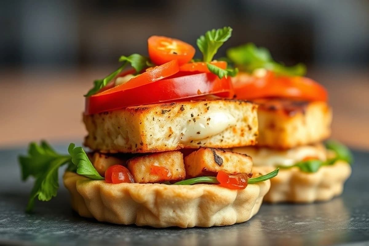 Tortas de Tofu al Grill con Salsa de Pimiento Rojo y Limón, Patatas Bravas y Alioli Casero