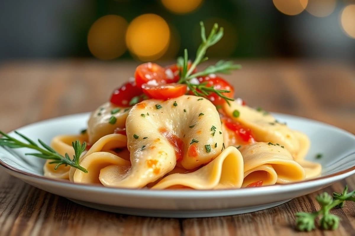 Tortellini de Pollo con Salsa de Bosco y Espinacas Frescas: Un Clásico Italiano con Toque de Navidad