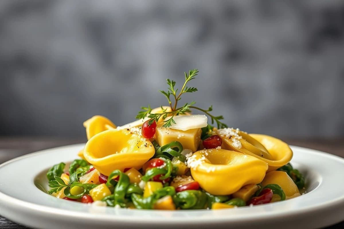 Tortellini de Ternera a la Plancha con Ensalada de Rúcula, Aguacate y Parmesano