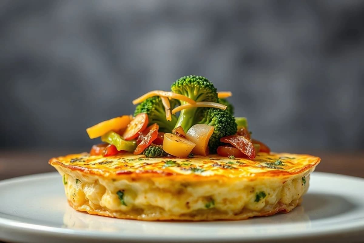 Tortilla de Brócoli y Champiñones con Salsa de Miso y Cebolla Caramelizada