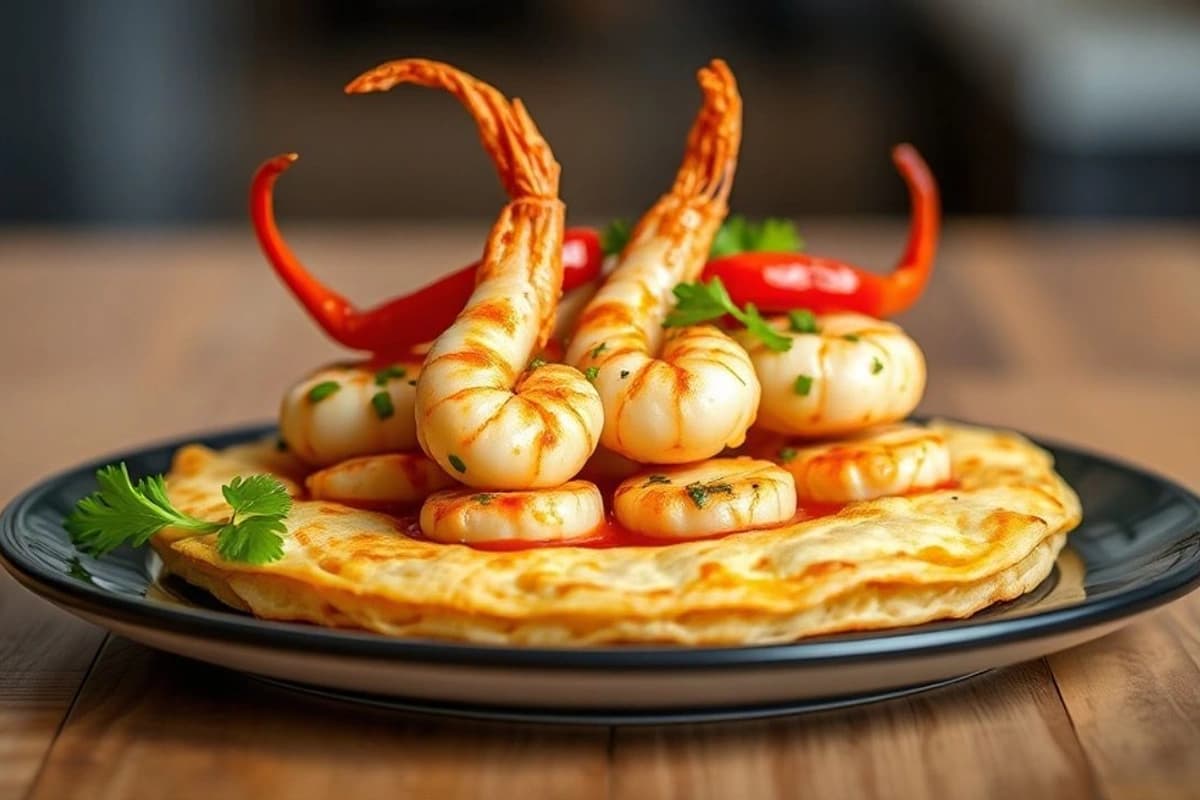 Tortilla de Gambas con Fritura de Pimiento Rojo