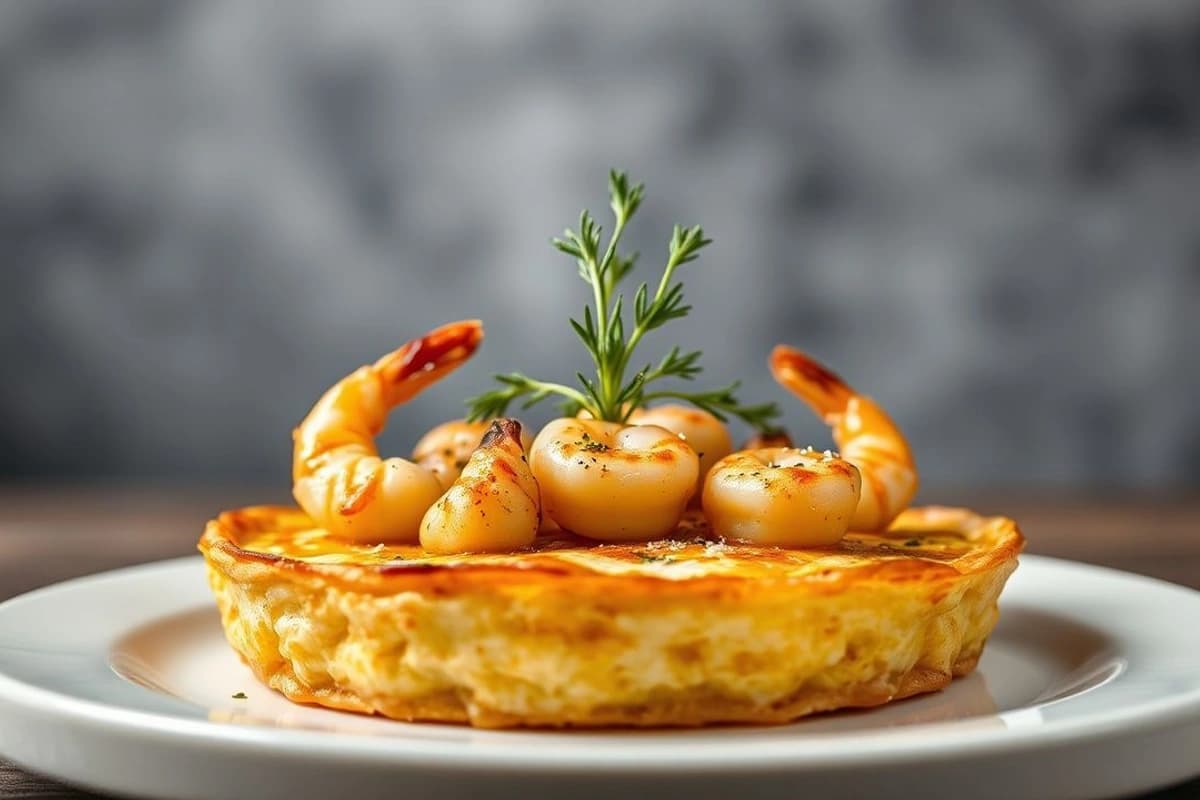 Tortilla de Gambas con jiote de ajo y aceite de oliva virgen