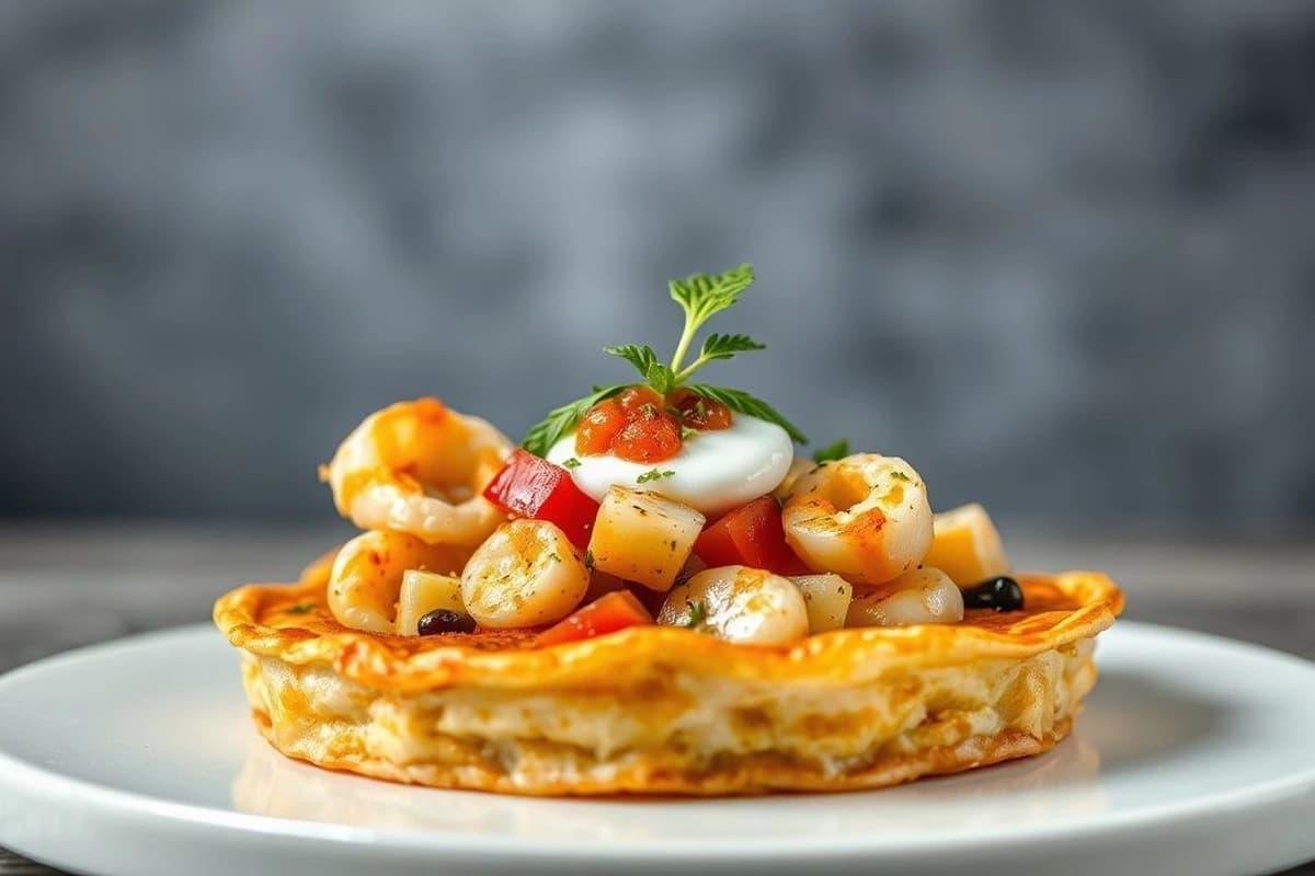 Tortilla de Mariscos Oreada con Salsa de Tomate y Crema