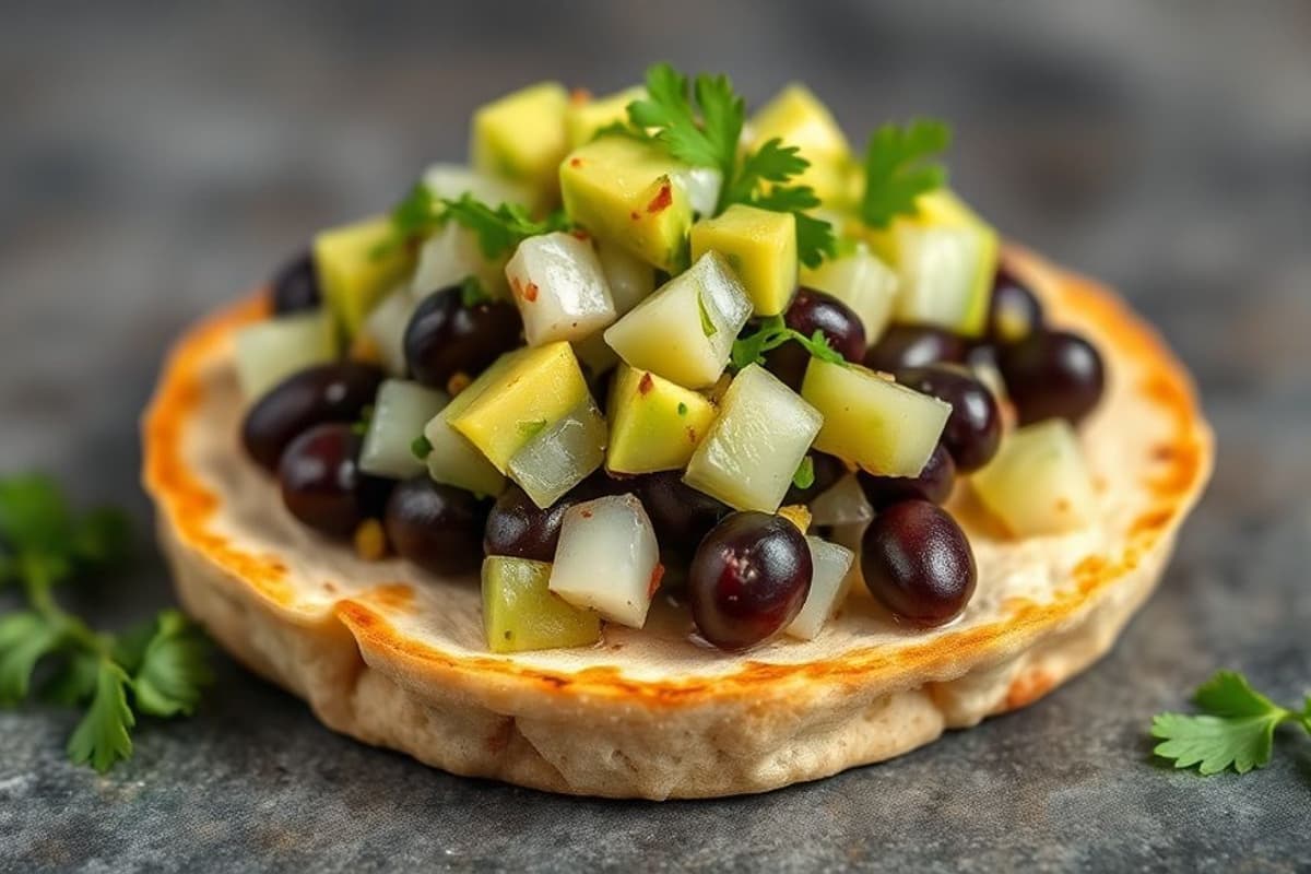 Tostadas de Frijoles Negros con Salsa de Aguacate y Limón