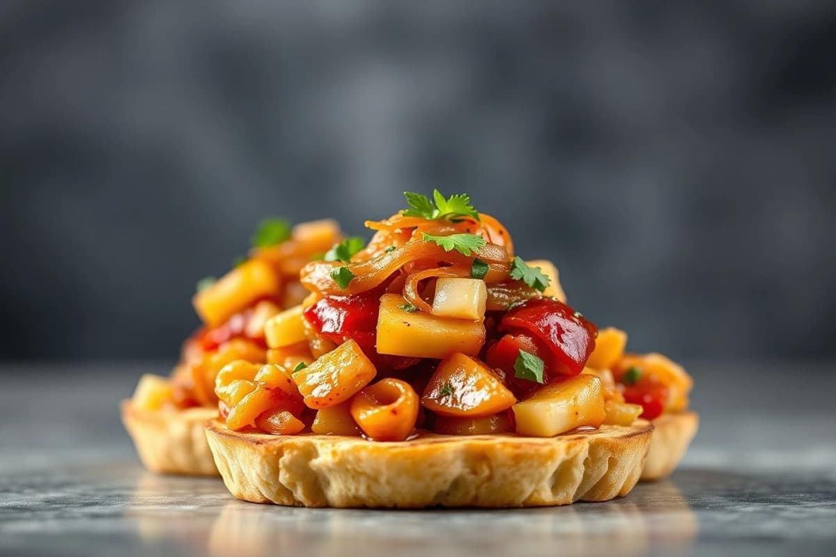 Tostadas de pollo al pastor con salsa de piña y cebolla caramelizada