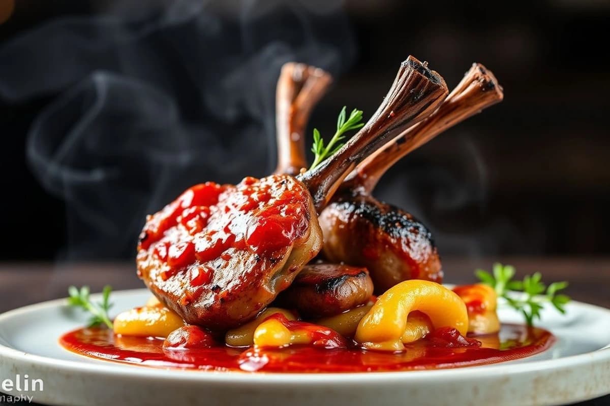 Tournedos de cordero a la parrilla con salsa de mostaza roja y reducción de vino tinto