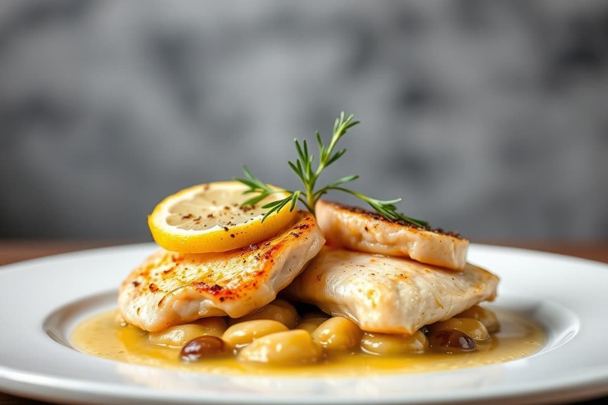 Tournedos de pollo al limón con champiñones silvestres y reduction de vino blanco