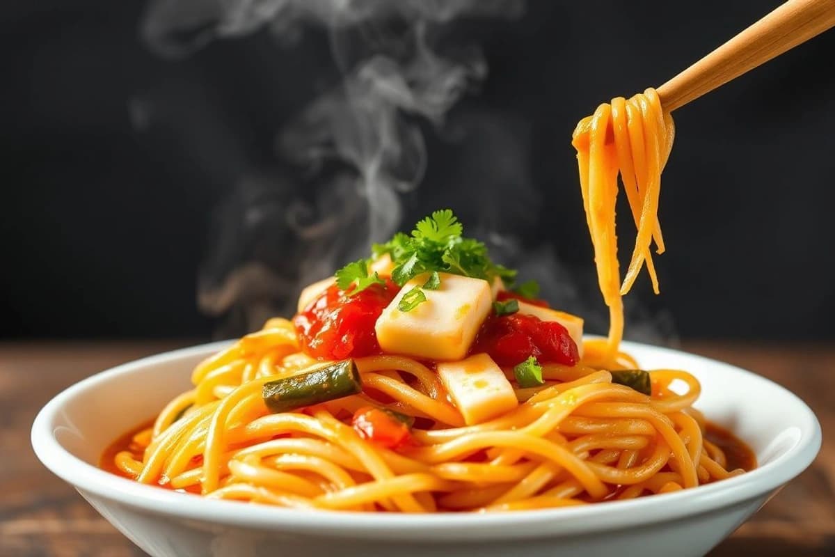 Tteokbokki coreano: Fideos de arroz al vapor con tofu marinado en salsa de gochujang y soja salada