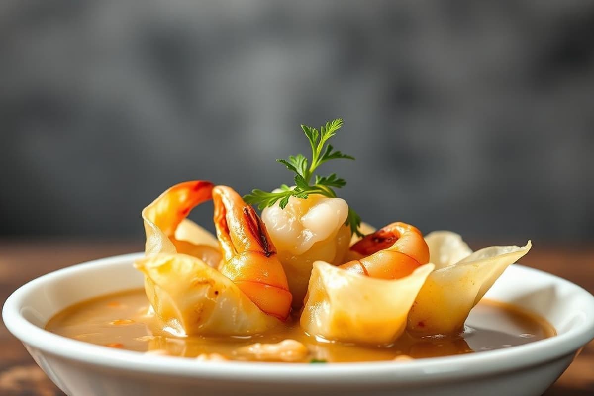 Wonton de Mariscos al Vapor con Caldo de Jengibre y Cebolleta