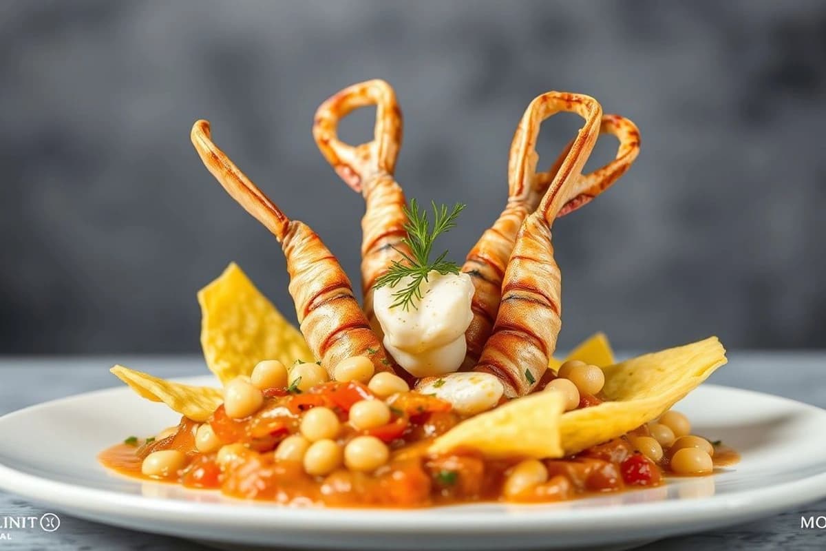 Zarangollo de Calamares con Piña y Pasas, acompañado de Salsa de Arroz con Hinojo y Aceite de Oliva